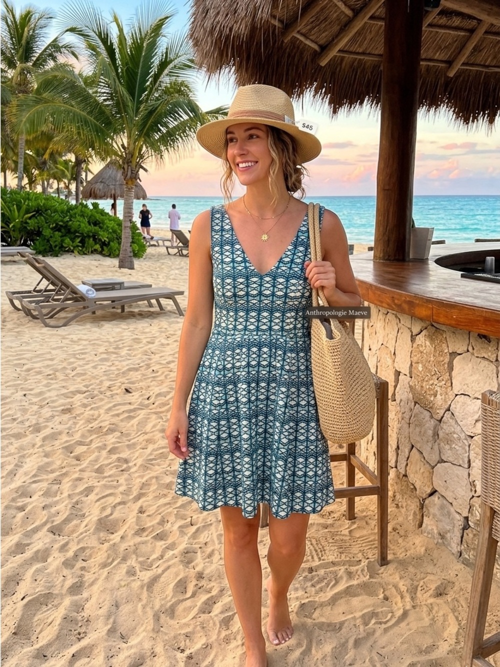 Anthropologie Maeve Teal and White V‑Neck Fit‑and‑Flare Dress
